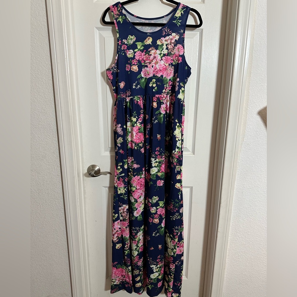 Floral Sleeveless Maxi Dress - Navy and Pink